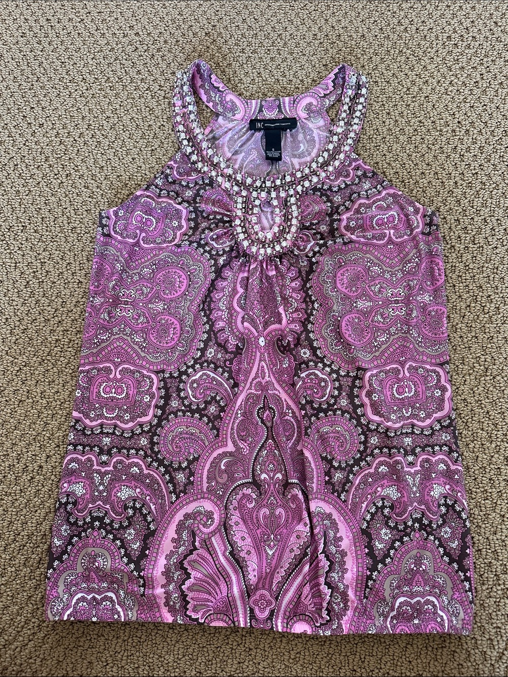 INC International Concepts Pink Paisley Beaded Halter Top Size small